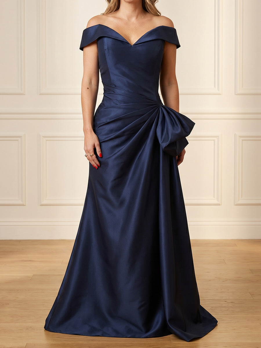 Sheath/Column Off-the-Shoulder Short Sleeves Pleated Floor-Length Satin Mother of the Bride Dresses
