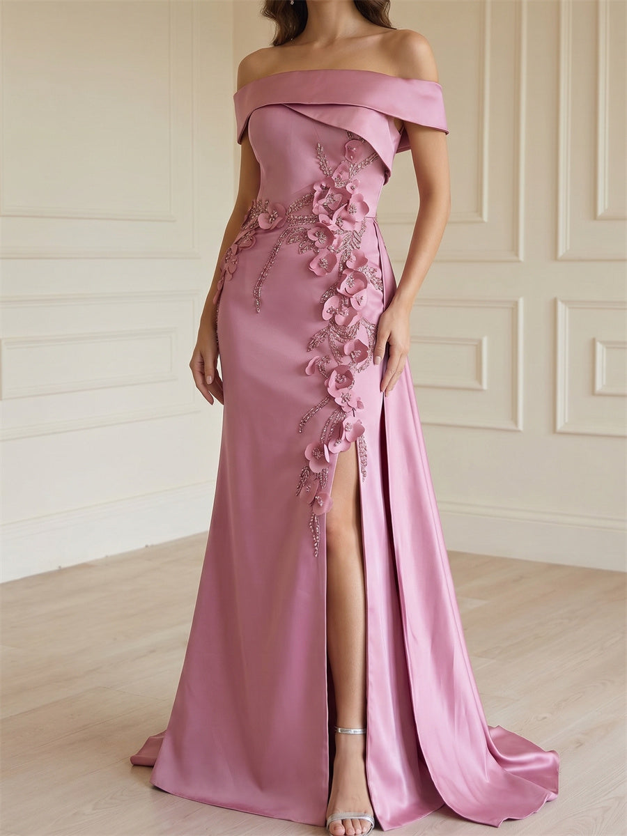 Sheath/Column Straight Flower Floor-Length Satin Mother of the Bride Dresses