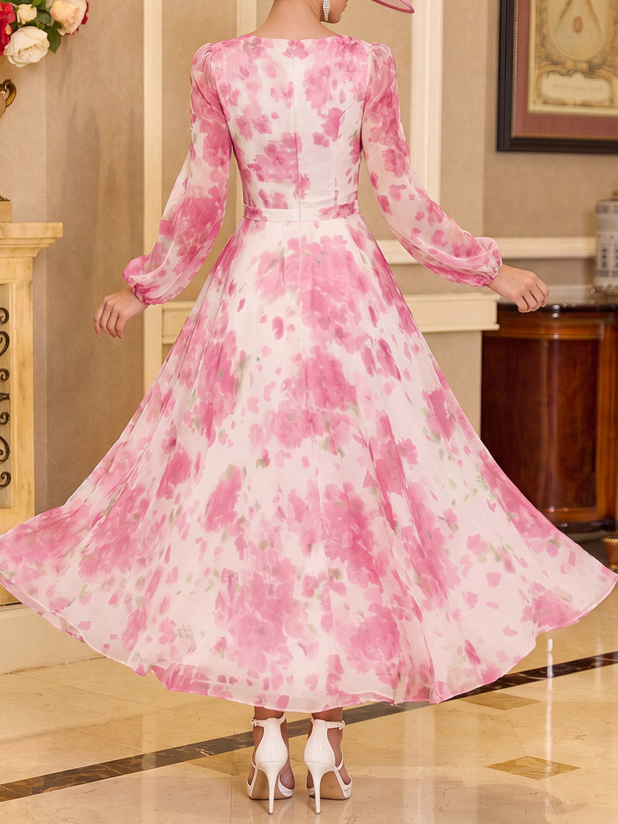 A-line/Princess Scoop Long Sleeves Flower Tea-Length Chiffon Mother of the Bride Dresses