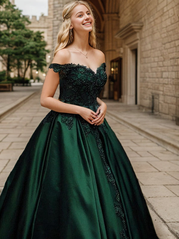 Ball-Gown Off-the-Shoulder Appliques Lace Floor-Length Satin Dress