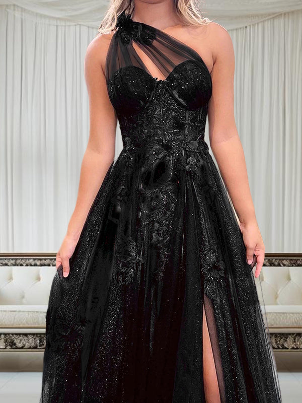 A-line One-Shoulder Appliques Lace Sweep Train Tulle Dress