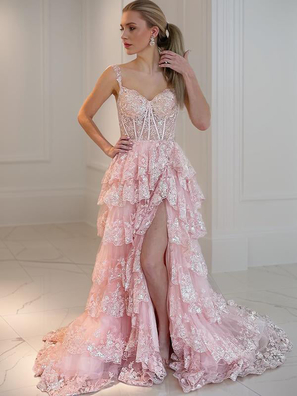 A-line Spaghetti Straps Appliques Lace Court Train Tulle Dress