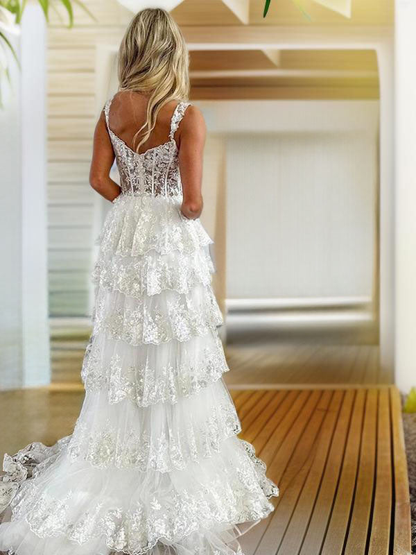 A-line Spaghetti Straps Appliques Lace Court Train Tulle Dress