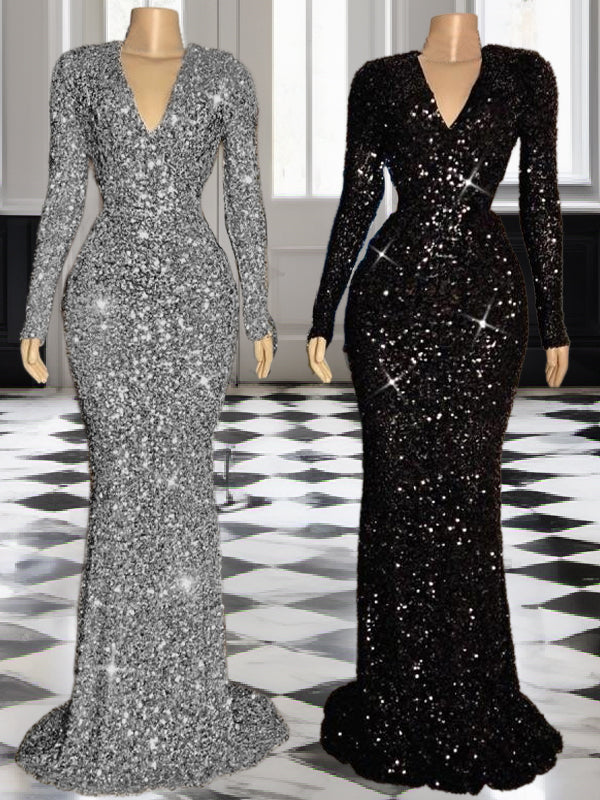 Sheath V-neck Long Sleeves Ruffles Sweep Train Velvet Sequins Dress