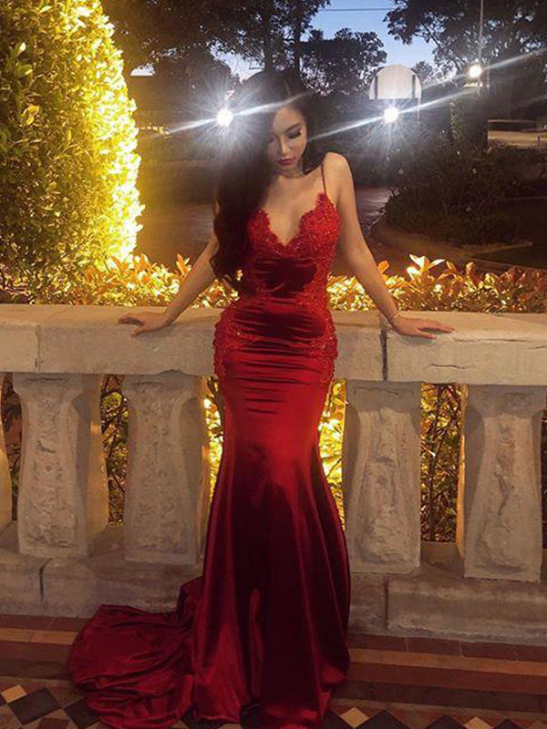 Sheath Spaghetti Straps Appliques Lace Sweep Train Silk Like Satin Dress