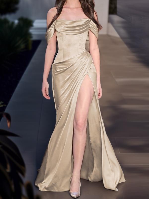 Sheath Off-the-Shoulder Short Sleeves Ruffles Sweep Train Silk Like Satin Dress