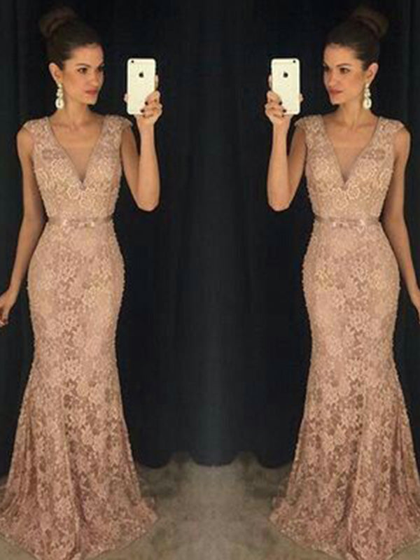 Mermaid V-neck Sweep Train Lace Dress