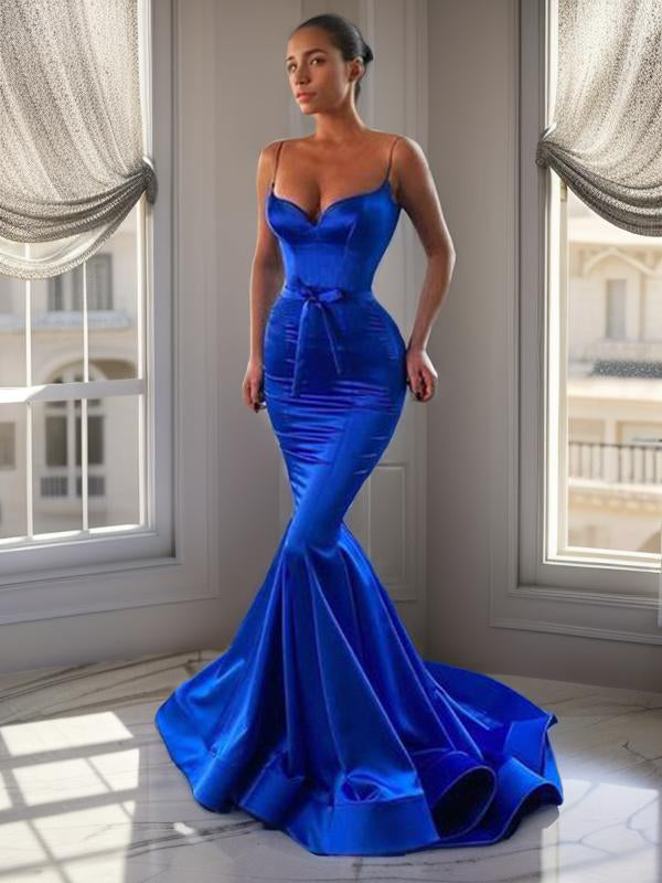 Mermaid Spaghetti Straps Bow Sweep Train Silk Like Satin Dress