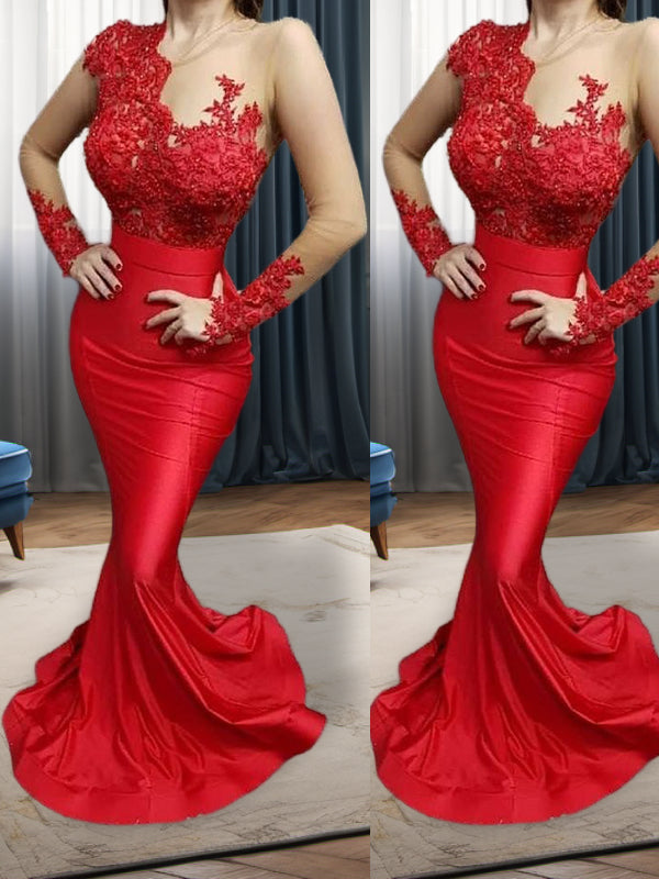 Mermaid Scoop Long Sleeves Appliques Lace Sweep Train Satin Dress