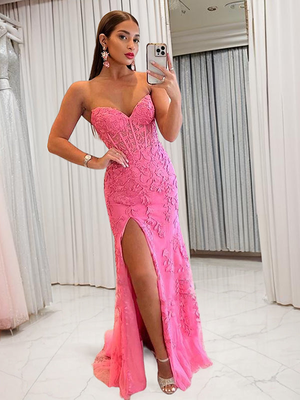 Sheath Sweetheart Appliques Lace Sweep Train Tulle Dress