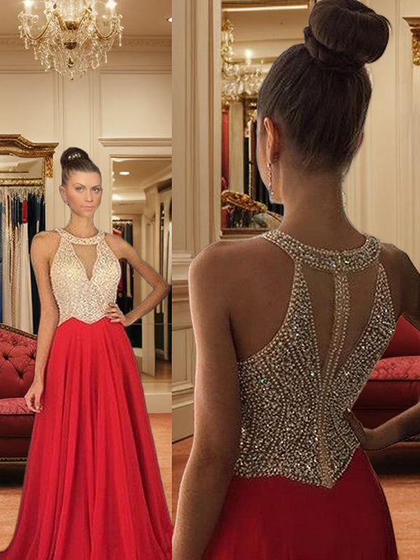 A-line Halter Beading Sweep Train Chiffon Dress