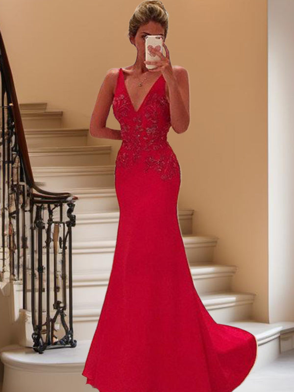 Sheath V-neck Appliques Lace Sweep Train Stretch Crepe Dress