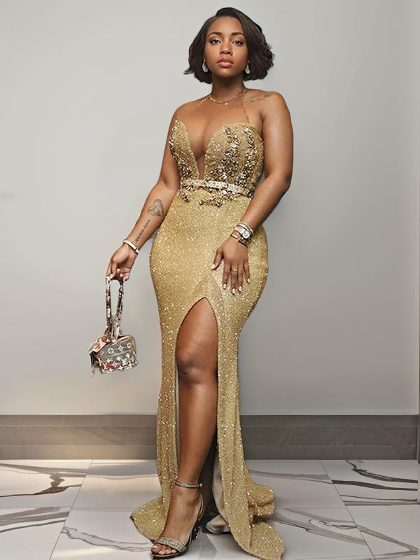 Sheath Halter Beading Sweep Train Dress