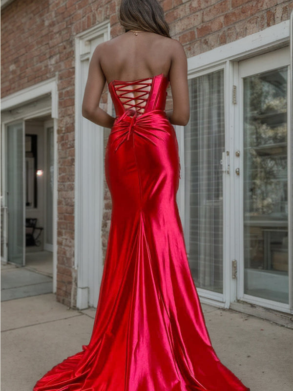 Sheath Straight Pleated Sweep Train Silk Like Satin Corset Dress