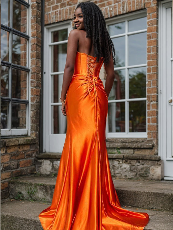 Sheath Straight Pleated Sweep Train Silk Like Satin Corset Dress