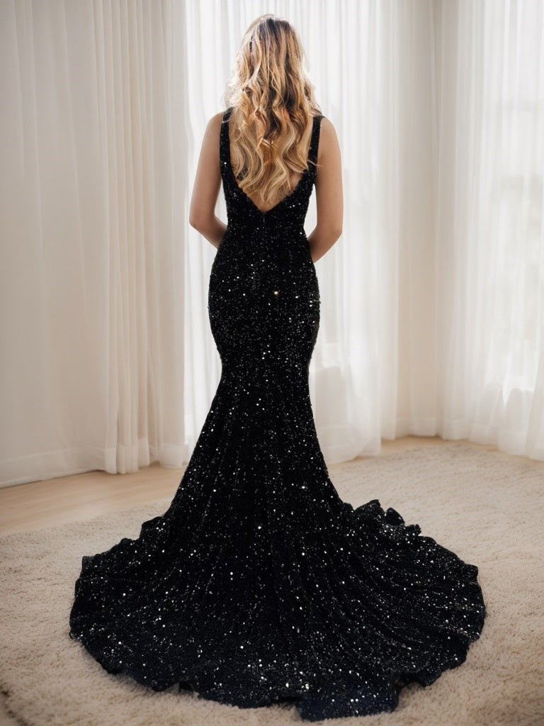Mermaid V-neck Sequin Sweep Train Velvet Sequins Dress