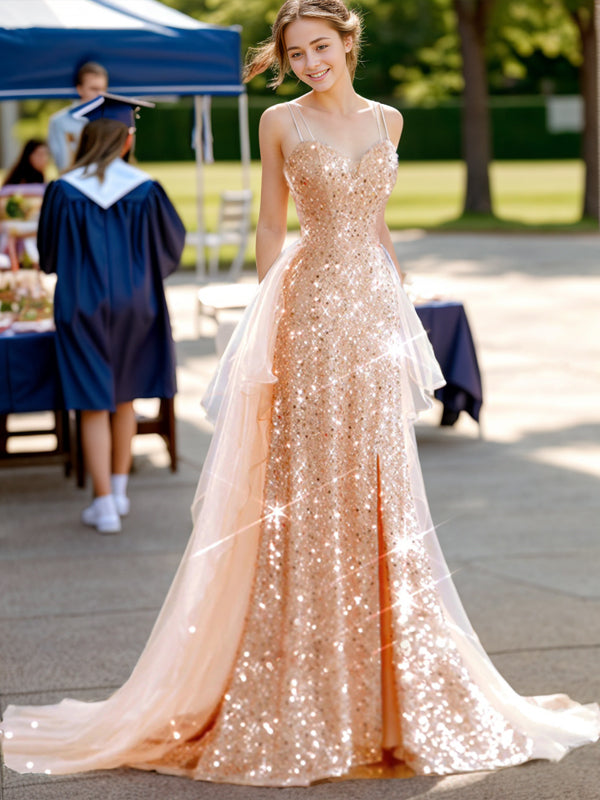 A-line V-neck Sweep Train Dress