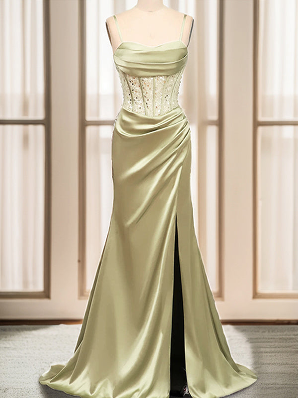 Sheath Spaghetti Straps Pleated Sweep Train Silk like Satin Corset Dress