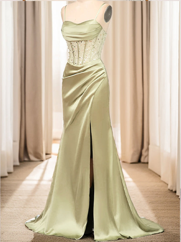 Sheath Spaghetti Straps Pleated Sweep Train Silk like Satin Corset Dress
