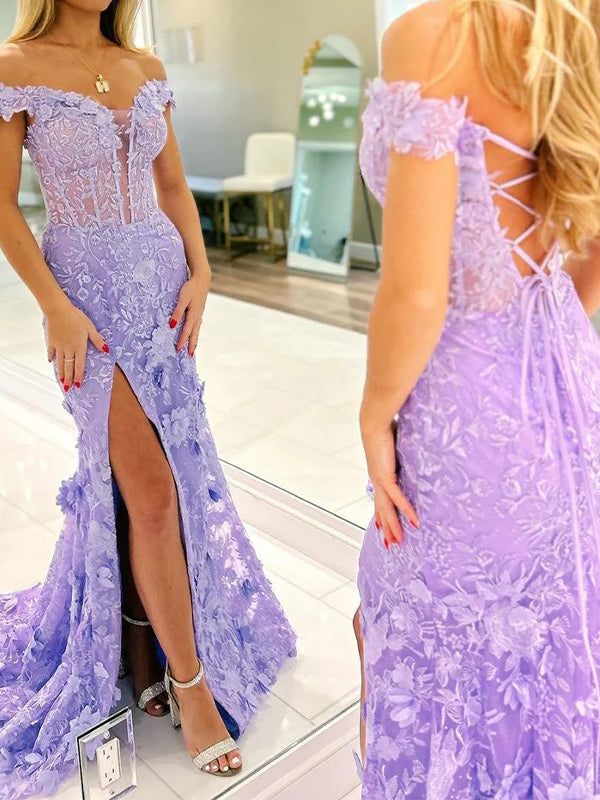 Sheath Off-the-Shoulder Appliques Lace Sweep Train Tulle Corset Dress