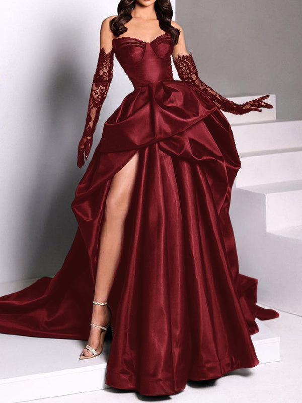 A-line Sweetheart Pleated Chapel Train Satin Dress
