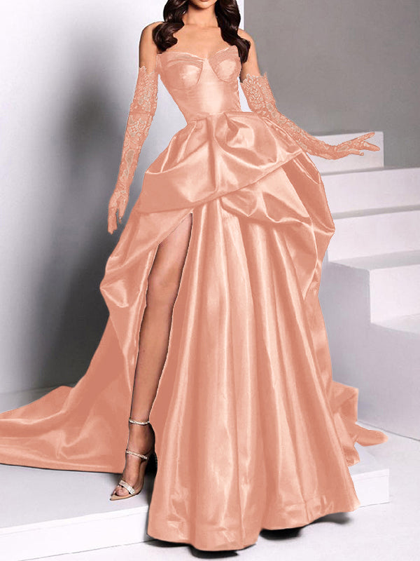A-line Sweetheart Pleated Chapel Train Satin Dress