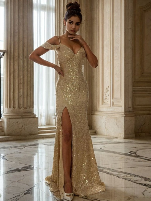 Sheath Cold Shoulder Pleated Floor-Length Dress