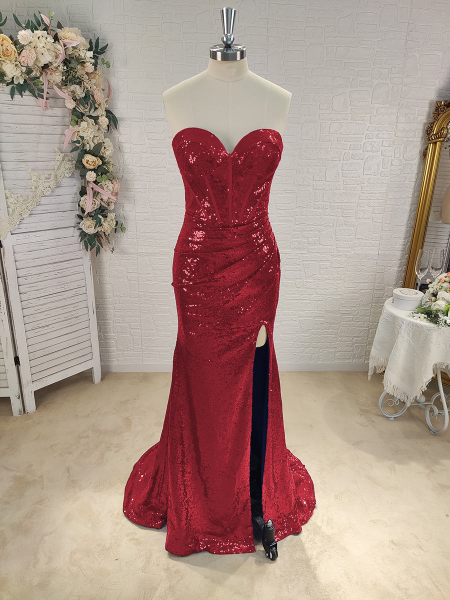 Sheath Sweetheart Pleated Sweep Train Sequins Corset Dress