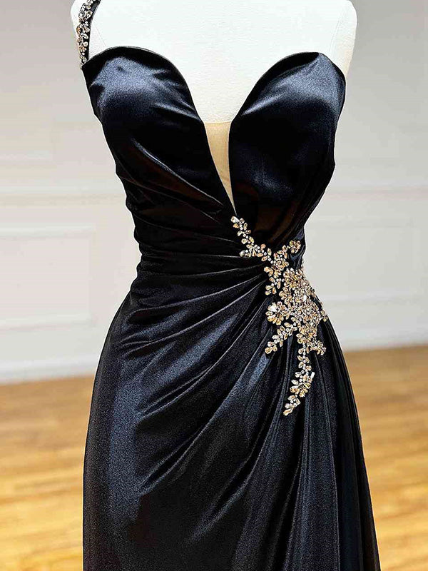 Sheath One-Shoulder Rhinestone Sweep Train Silk like Satin Dress