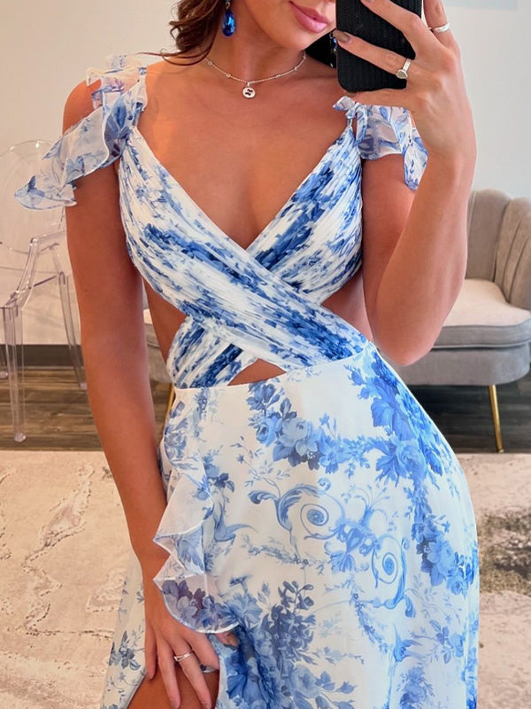 A-line V-neck Ruffles Sweep Train Dress