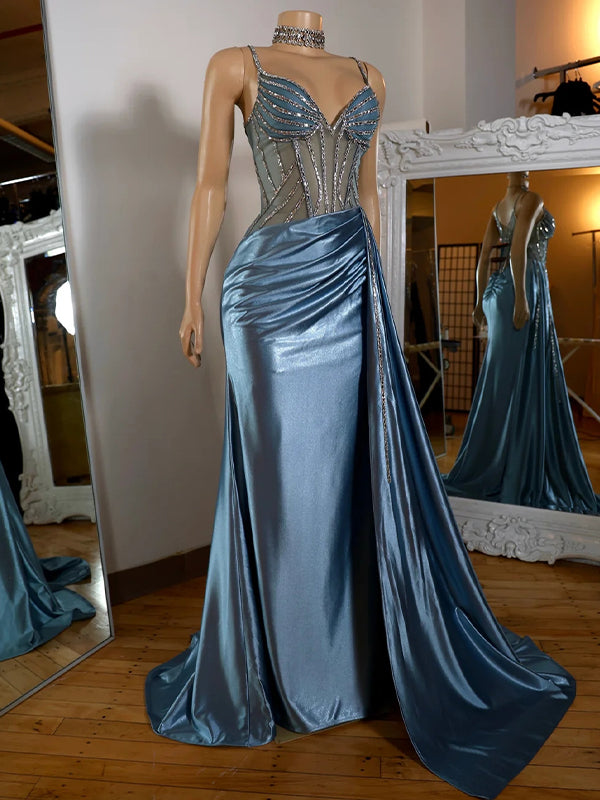 Sheath V-neck Pleated Sweep Train Silk Like Satin Corset Dress