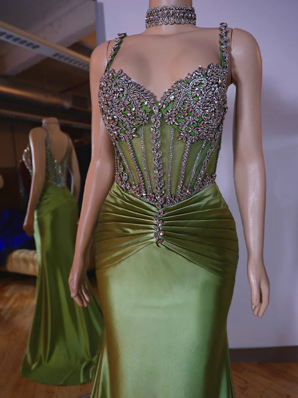 Sheath Straps Rhinestone Sweep Train Silk Like Satin Corset Dress