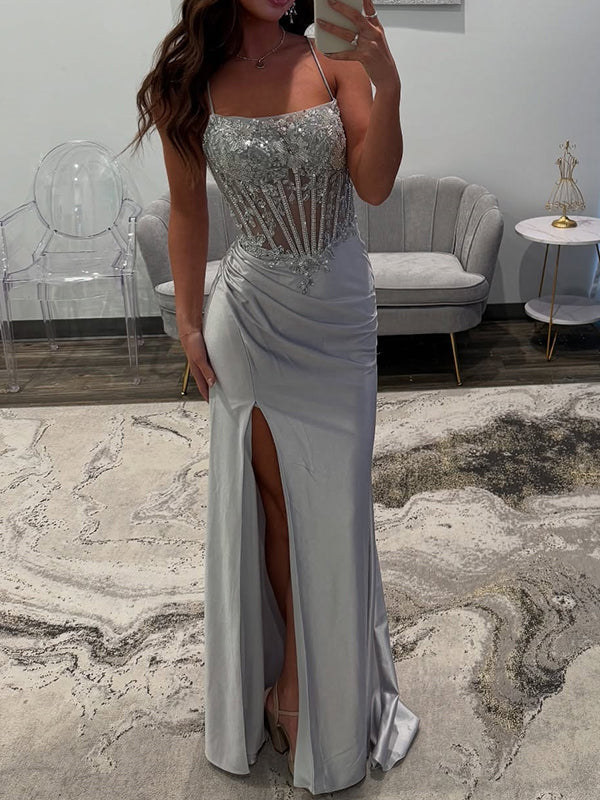 Sheath Spaghetti Straps Pleated Sweep Train Silk Like Satin Corset Dress