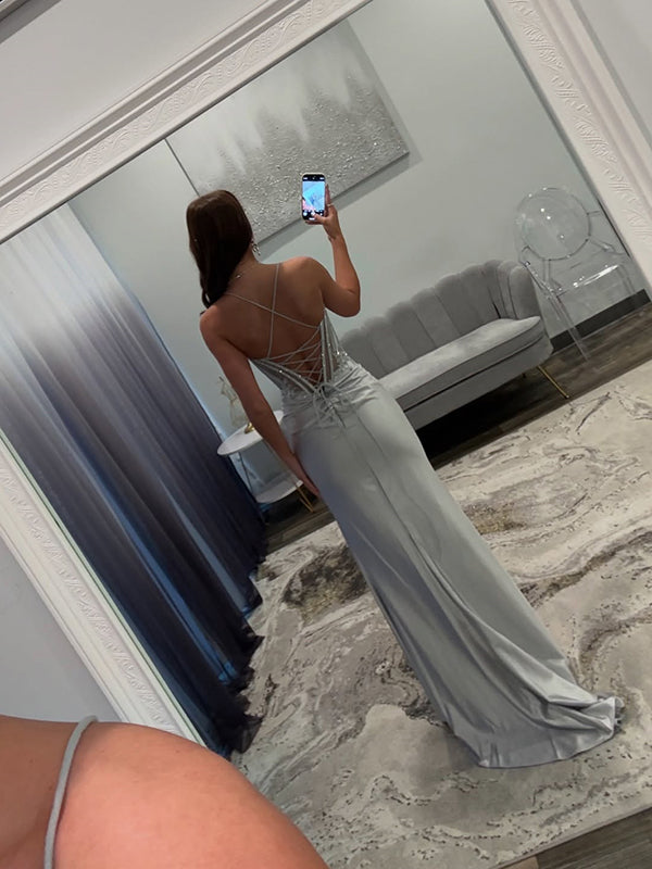 Sheath Spaghetti Straps Pleated Sweep Train Silk Like Satin Corset Dress