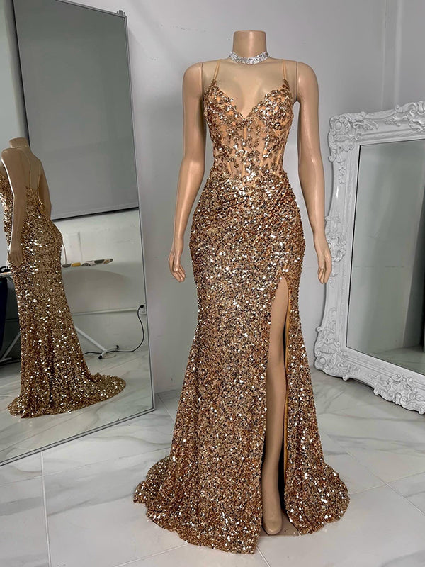 Sheath V-neck Sequin Sweep Train Corset Dress