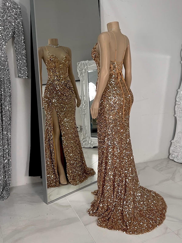 Sheath V-neck Sequin Sweep Train Corset Dress