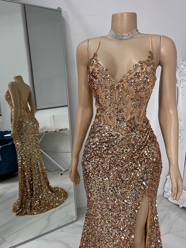 Sheath V-neck Sequin Sweep Train Corset Dress