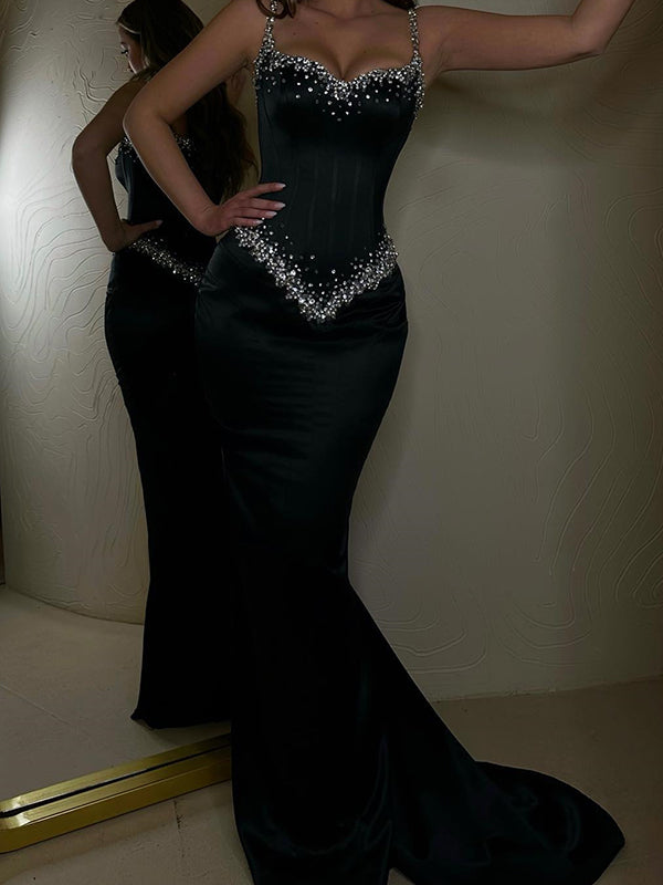 Sheath Straps Rhinestone Sweep Train Satin Corset Dress
