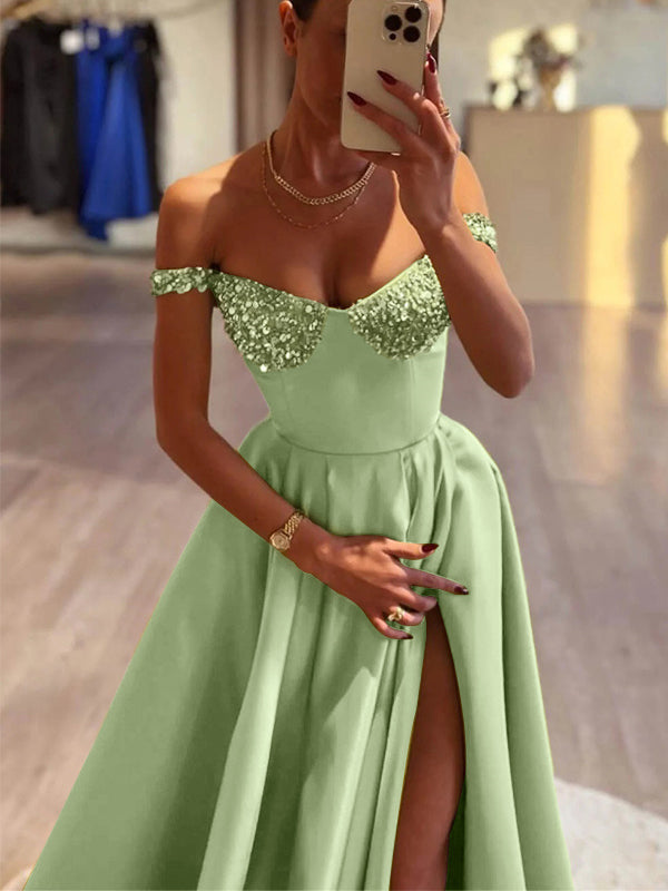 A-line Straps Sequin Sweep Train Satin Dress