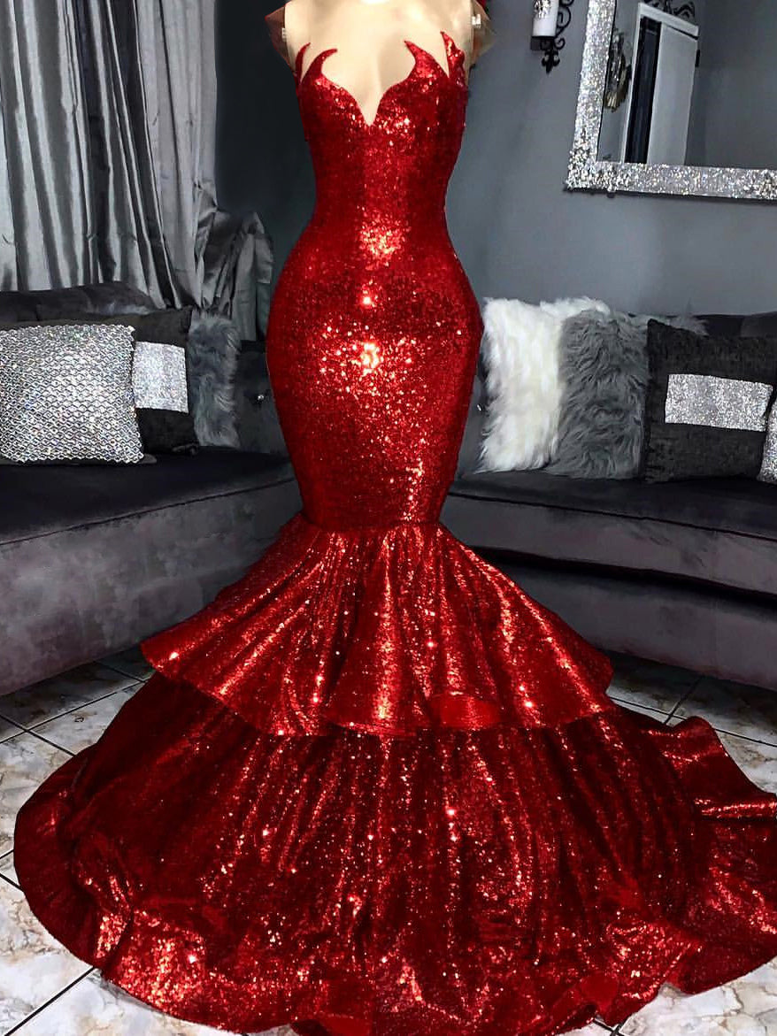 Mermaid Scoop Cascading Ruffles Sweep Train Sequins Dress
