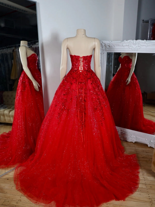 A-line Sweetheart Appliques Lace Sweep Train Tulle Corset Dress