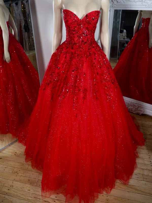 A-line Sweetheart Appliques Lace Sweep Train Tulle Corset Dress