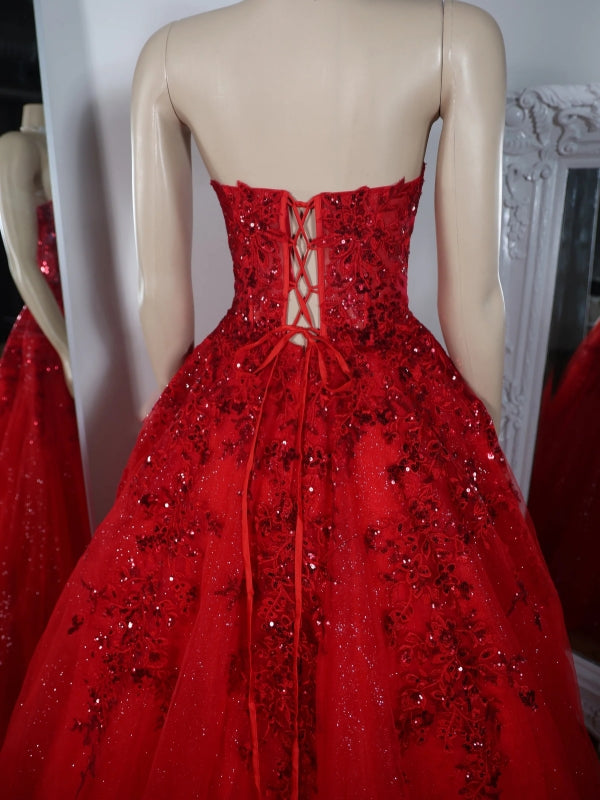 A-line Sweetheart Appliques Lace Sweep Train Tulle Corset Dress