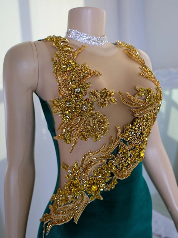 Mermaid Illusion Beading Sweep Train Velvet Dress