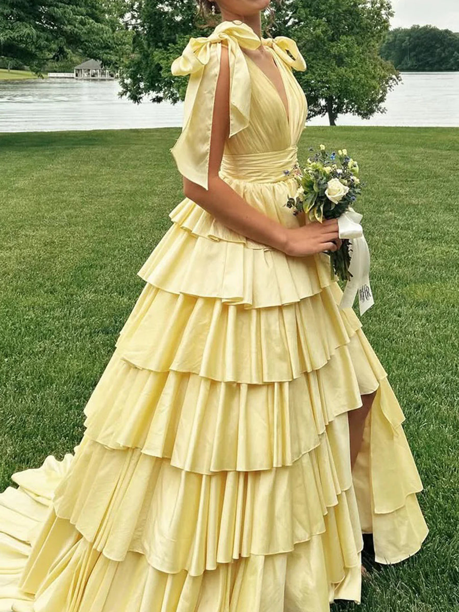 A-line Straps Bow Sweep Train Taffeta Corset Prom Dress