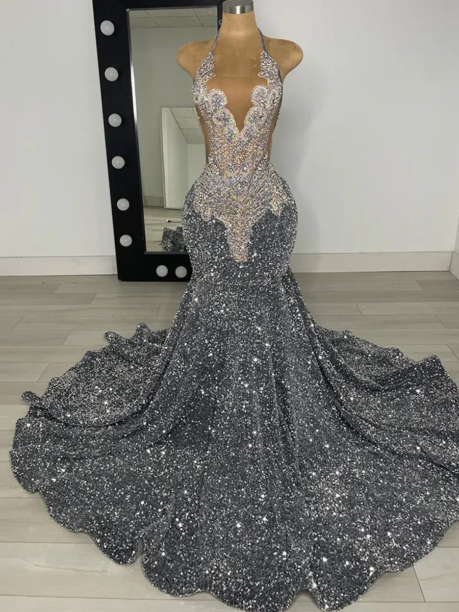 Mermaid Halter Sequin Sweep Train Velvet Sequins Prom Dress