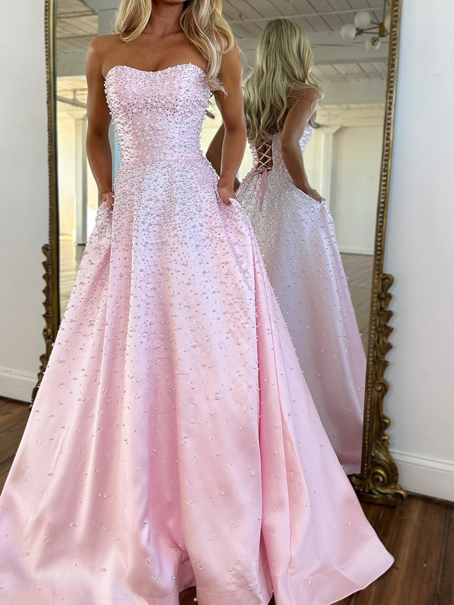A-line Straight Beading Floor-Length Satin Corset Prom Dress