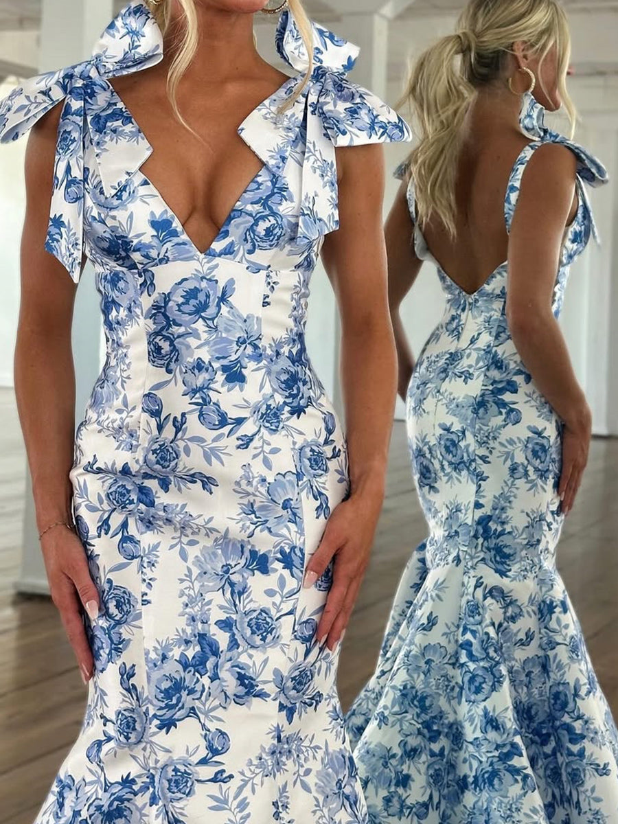 Mermaid V-neck Bow Sweep Train Prom Dress