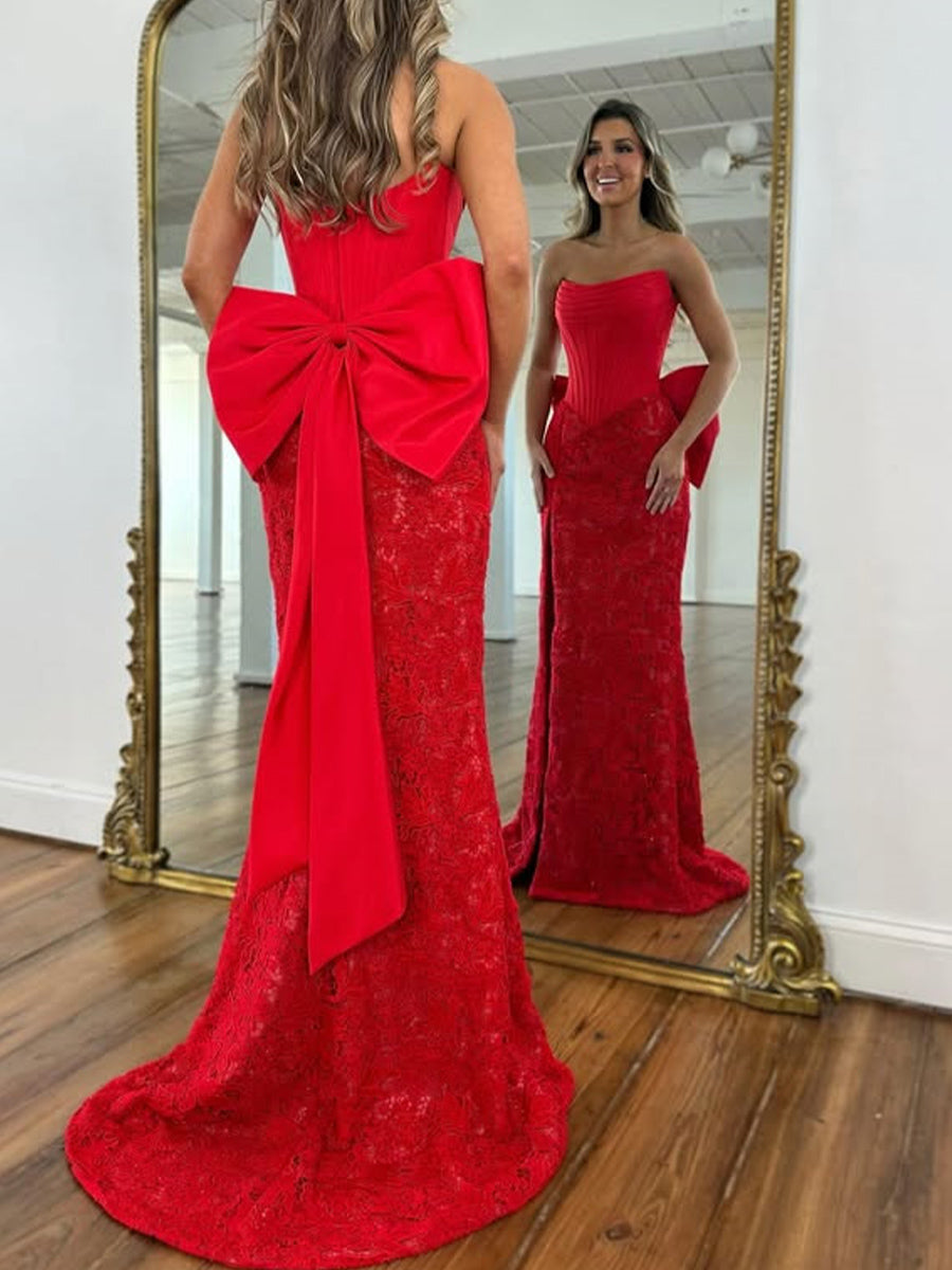 Sheath Straight Bow Sweep Train Satin Corset Prom Dress