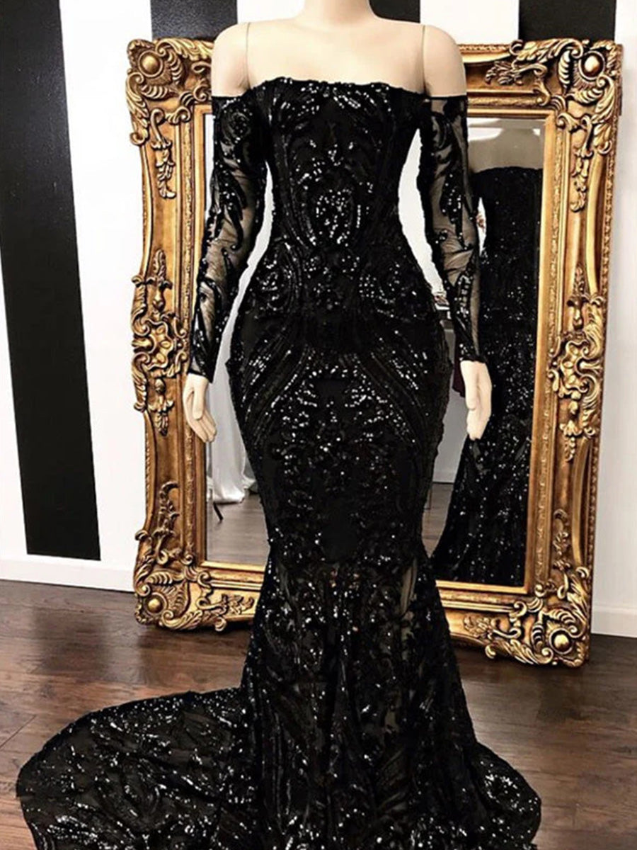 Sheath Off-the-Shoulder Long Sleeves Court Train Prom Dress